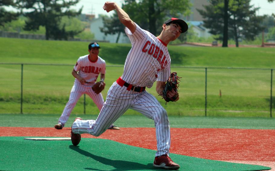 E.J. King starter Nolan FitzGerald delivers against Zama in the D-II baseball final.