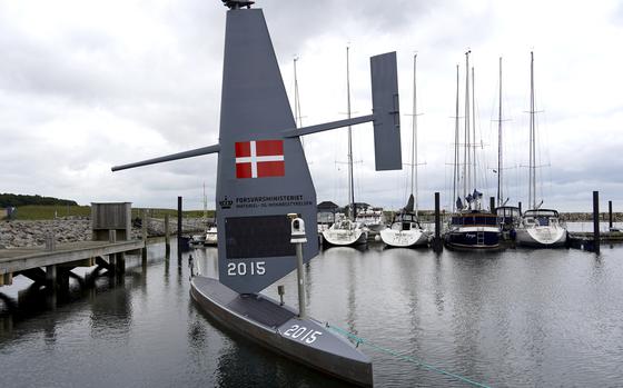 A Saildrone "Voyager", uncrewed surface vehicle (USV), is moored at the Koge Marina in Koge, eastern Denmark, Monday, June 16, 2025. (AP Photo/James Brooks)