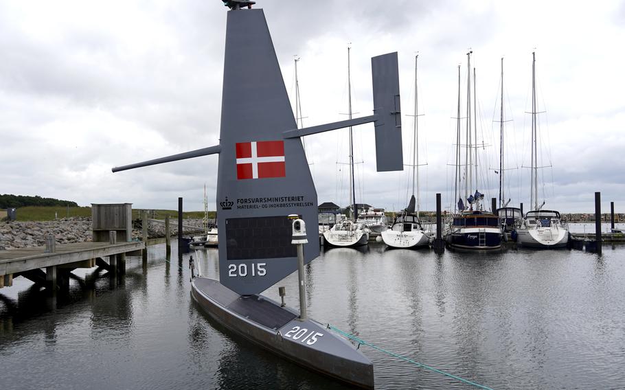A Saildrone “Voyager”, uncrewed surface vehicle (USV), is moored at the Koge Marina in Koge, eastern Denmark, Monday, June 16, 2025. 