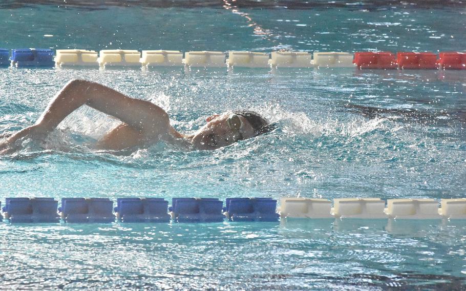 Stuttgart's Elijah Love competes in a boys 400-meter freestyle heat at the European Forces Swim League Long Distance Championships on Sunday, Nov. 27, 2022, at Lignano Sabbiadoro, Italy.