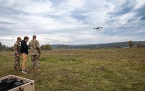 From left, Pfc. Joshua Smith, Ryan Walter, and Sgt. James Kurpaska, attached to 1st Brigade, 101st Airborne Division, return a drone from a practice resupply mission at the Joint Multinational Readiness Center near Hohenfels, Germany, Oct. 20, 2023. The 101st Airborne conducted live-fire counterdrone drills in Romania in recent days, the U.S. Embassy in Bucharest announced.
