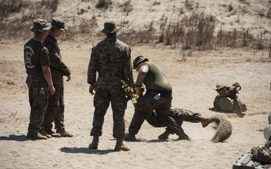 Members of the 3rd Marine Littoral Regiment practice hand-to-hand combat during a Balikatan drill at the La Paz Sand Dunes in Laoag, Philippines, May 8, 2024. 