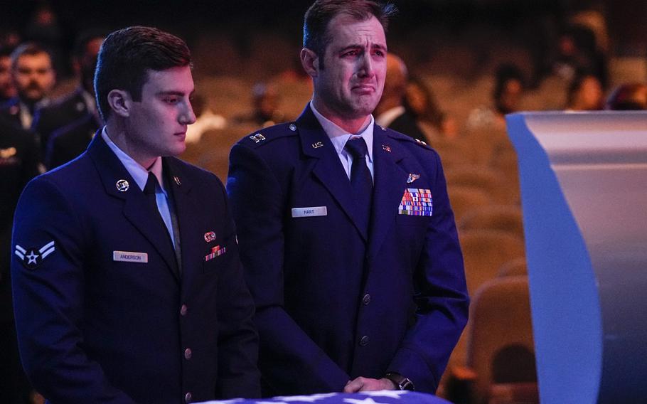 U.S. Air Force personnel stand near the coffin of slain airman Roger Fortson during his funeral at New Birth Missionary Baptist Church, Friday, May 17, 2024, near Atlanta.