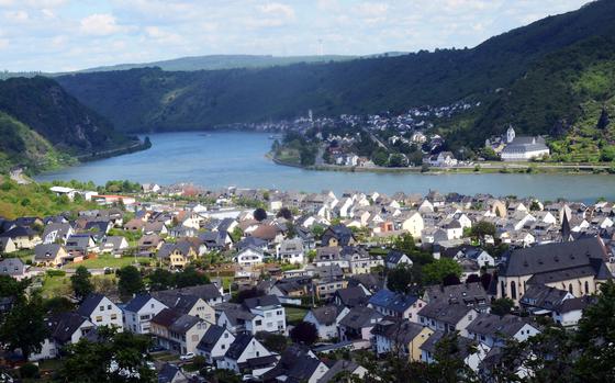 A view of Bad Salzig, Germany and the Rhine River from a cliff on the RheinBurgenWeg, June 5, 2021.