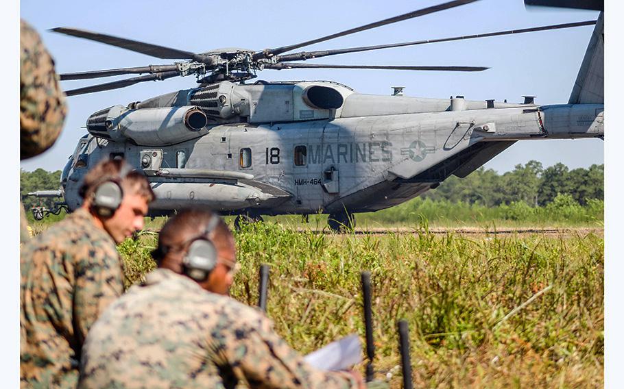 A Marine air traffic control team coordinates a max performance demonstration of a CH-53 helicopter on Friday, Aug. 11, 2023, in eastern North Carolina during the Navy and U.S. Marine Corps’ Large Scale Exercise 2023. 