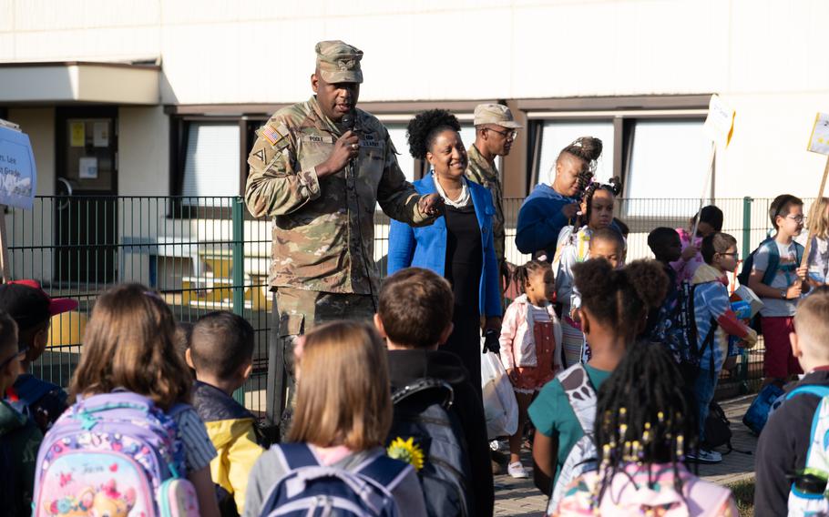 Garrison commander Col. Kevin Poole addresses incoming students and parents at Grafenwoehr Elementary School, Aug. 22, 2022, in Grafenwoehr, Germany. Children lined up next to their teachers by grade before being shown their new classrooms.