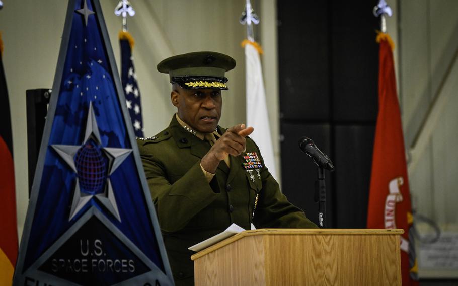 U.S. Marine Corps Gen. Michael Langley, head of U.S. Africa Command, speaks to military and civilian attendees at the activation ceremony of the U.S. Space Forces Europe and Africa, Dec. 8, 2023, at Ramstein Air Base, Germany. Langley transferred command responsibility for space operations in the African theater to Col. Max Lantz.