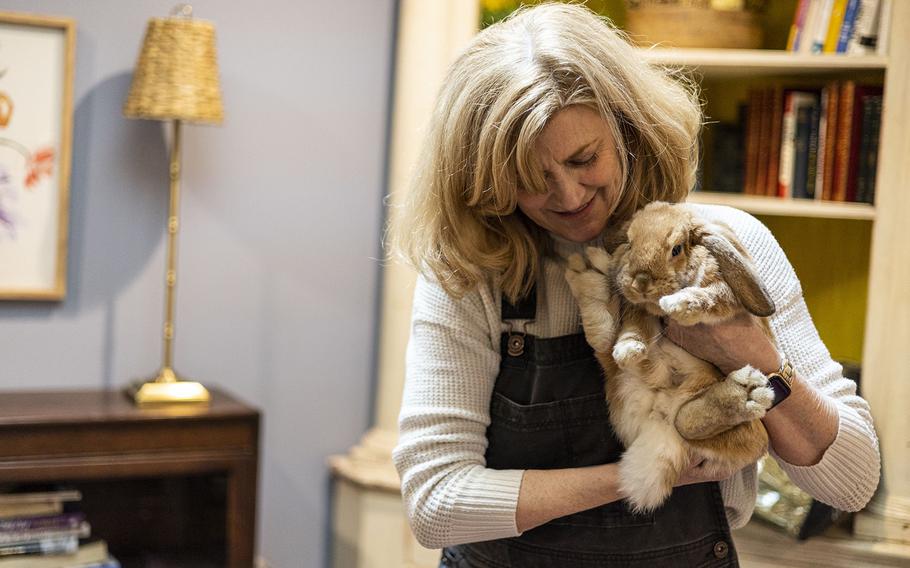 Valerie Bertsch with one of her “house buns,” a litter-trained rabbit who lives in her home with her three dogs. The rabbit’s name was Penelope, until Bertsch discovered that it’s a male. Current names under consideration include Trevor, Henry, Seamus and David Hasselhoch. 