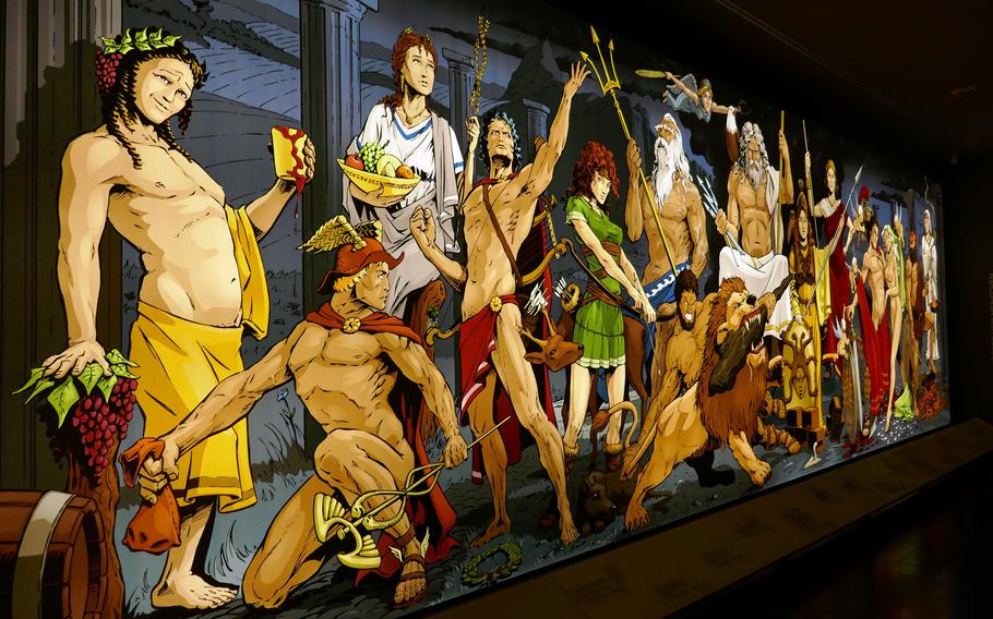 The most modern thing in the Roemermuseum in Osterburken, Germany, is probably this painting of the pantheon of Roman gods, with a couple of minor ones like Bacchus, at left.