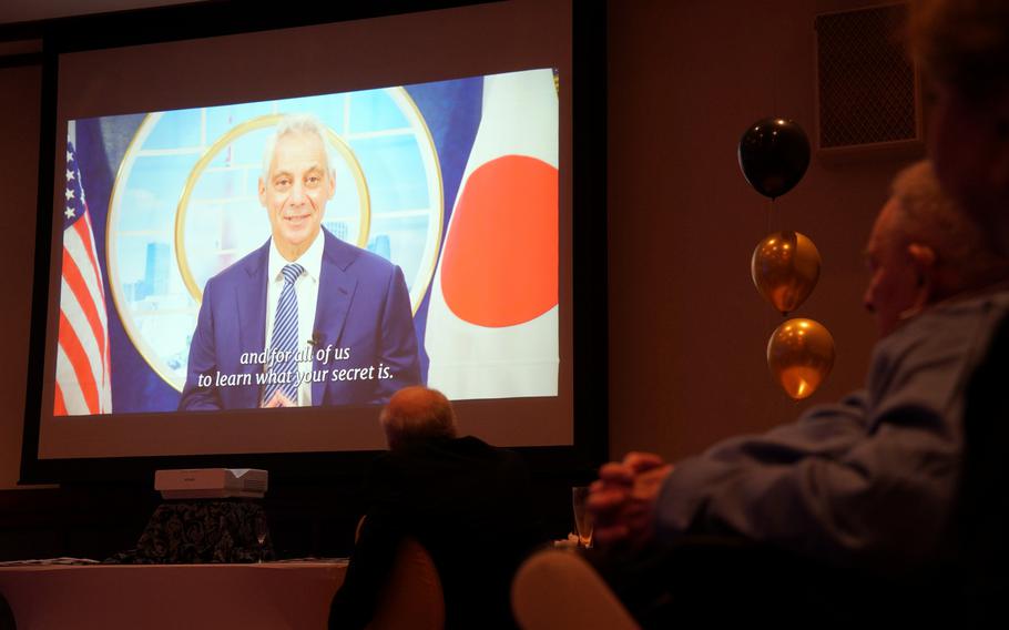  U.S. Ambassador to Japan Rahm Emanual provides a message to Norman Jay Green, a World War II veteran, in Tokyo, Japan, Nov. 22, 2024.