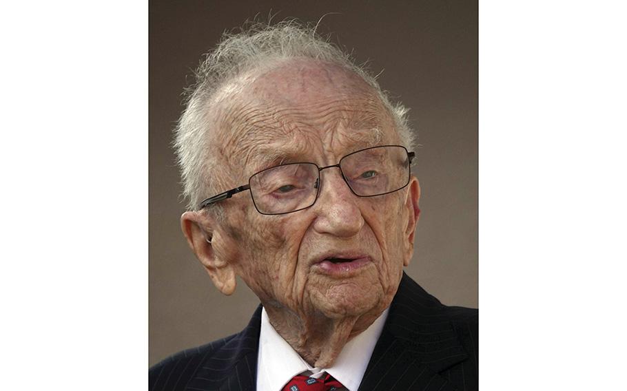 Ben Ferencz is honored at a news conference outside of his home in Delray Beach, Florida, on Nov. 22, 2021. 
