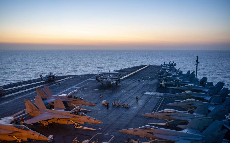 The aircraft carrier USS Dwight D. Eisenhower in the Red Sea on Nov. 5, 2023. The carrier is deployed to the U.S. 5th Fleet area of operations to help ensure maritime security and stability in the Middle East region. 