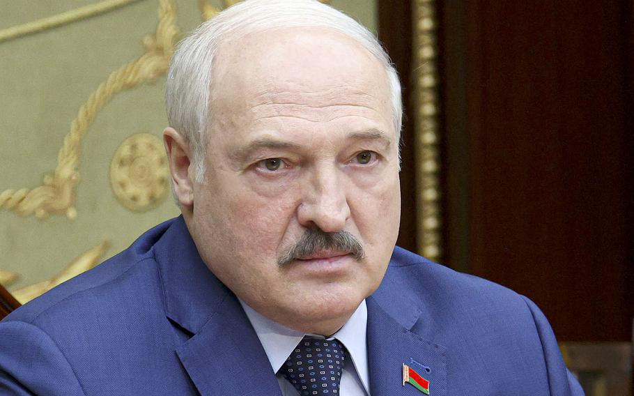 Belarusian President Alexander Lukashenko attends a meeting in Minsk, Belarus, Monday, Nov. 22, 2021.