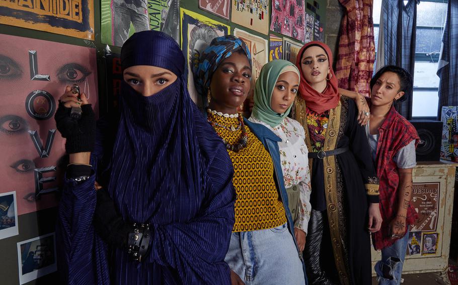 From left to right: Lucie Shorthouse as Momtaz, Faith Omole as Bisma, Anjana Vasan as Amina, Juliette Motamed as Ayesha, Sarah Kameela Impey as Saira in “We Are Lady Parts.”