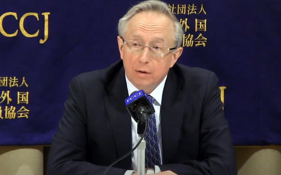 This screenshot shows Russian Ambassador to Japan Mikhail Galuzin speaking to reporters at the Foreign Correspondents’ Club of Japan in Tokyo, Wednesday, Feb. 2, 2022.