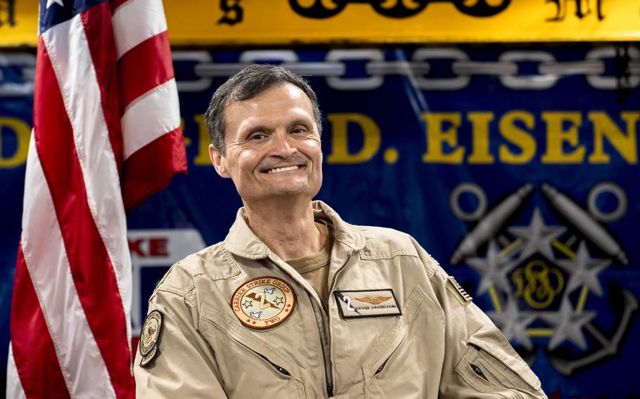 Rear Adm. Kavon Hakimzadeh, commander of Carrier Strike Group 2, is photographed aboard the aircraft carrier USS Dwight D. Eisenhower in the Red Sea on June 16, 2024.