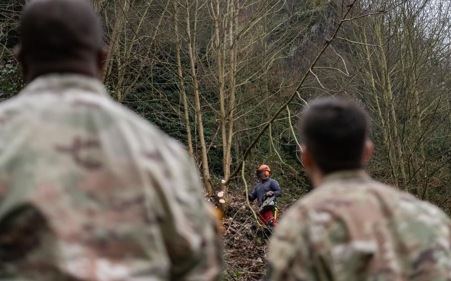 U.S. soldiers wait for a tree to be felled in St. Goar, Germany, on Feb. 23, 2023. The soldiers joined German volunteers to protect an ancient castle wall.