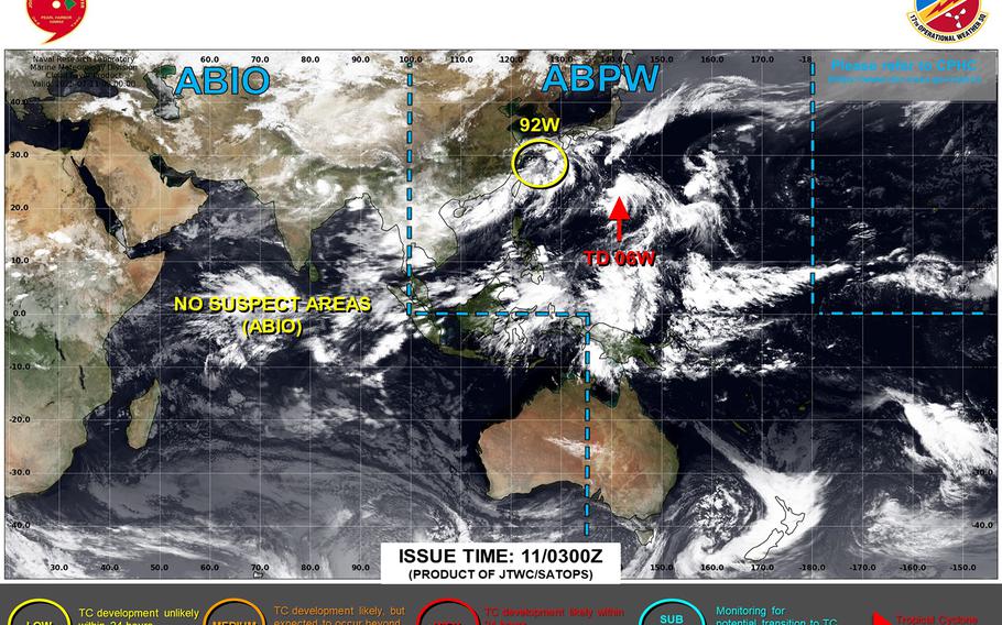 Tropical Depression 06W spawns overnight Thursday near Iwo Jima; initial forecast track takes it more than 200 miles east of Kanto Plain at mid-day Monday.