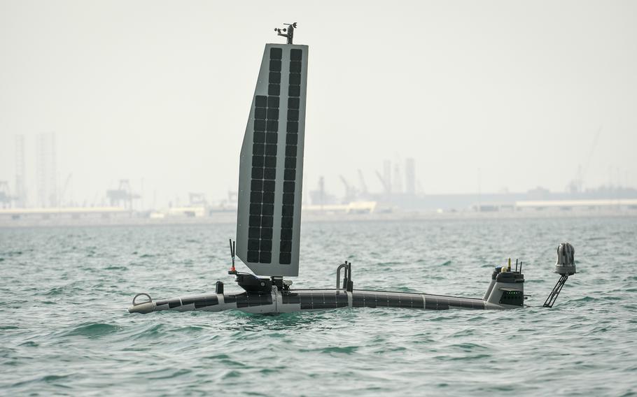 The TRITON cruises through international waters between Naval Support Activity Bahrain and Iran on Nov. 30, 2022, as part of a naval exercise. The Navy is testing the drone's capabilities in the Gulf of Guinea during the multinational maritime exercise Obangame Express.