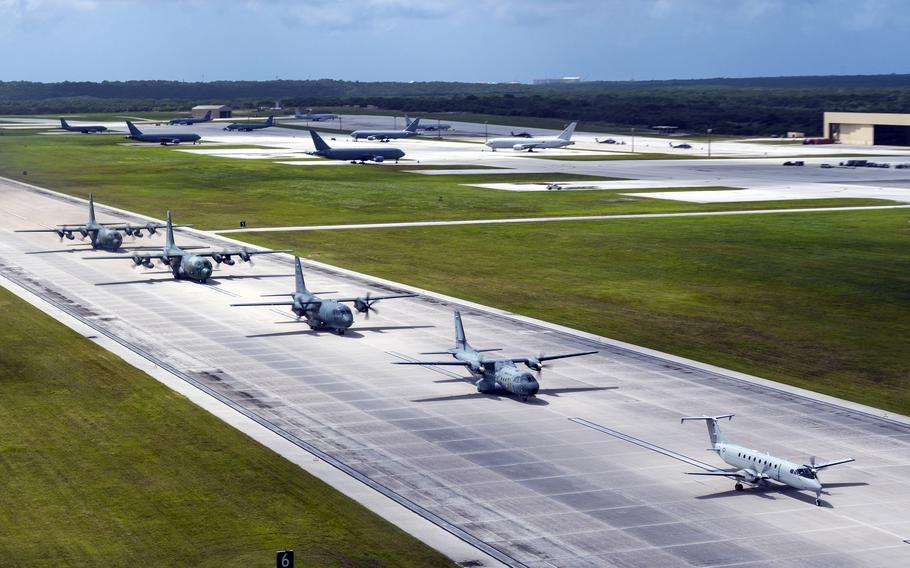 Aircraft from the United States, Japan and France conduct an elephant walk at Andersen Air Force Base, Guam, Feb. 9, 2023, ahead of the Cope North exercise. 
