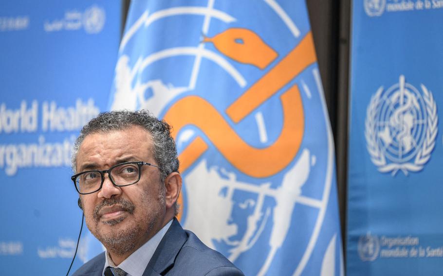 World Health Organization (WHO) Director-General Tedros Adhanom Ghebreyesus attends a news conference on Dec. 20, 2021, at the WHO headquarters in Geneva. 