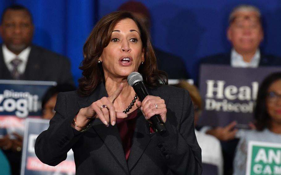 Vice President Kamala Harris speaks at a news conference in Boston in 2023.