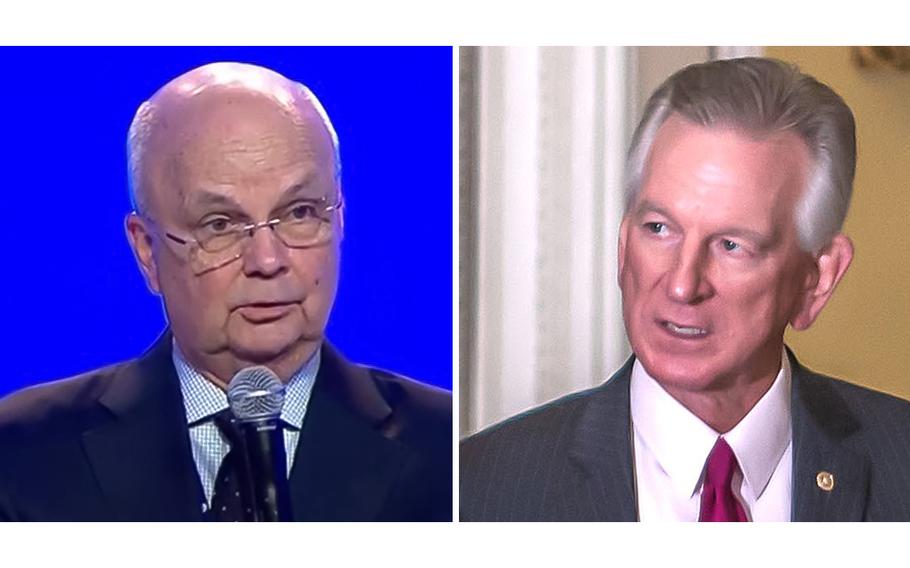 At left, a video screen grab shows former CIA Director retired Air Force Gen. Michael Hayden addressing cyber challenges during a discussion panel in September 2017. At right, Sen. Tommy Tuberville heads to the Senate Chamber on Capitol Hill in Washington on Sept. 21, 2023. Tuberville on Tuesday, Oct. 10, reported Hayden to the Capitol Police.