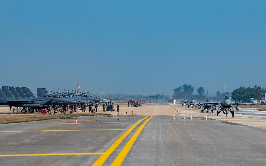 Aircraft from the South Korean air force arrive for the Korea Flying Training exercise at Kunsan Air Base, South Korea, April 12, 2024. 