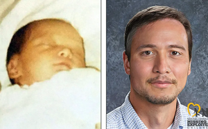 A side by side photo of a baby and a man