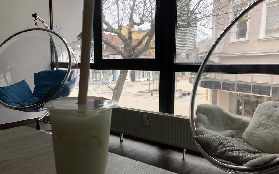 The upstairs lounge at Babe's Boba Tea offers a nice view of Schillerplatz in downtown Kaiserslautern. The bubble tea pictured is a Create Your Own with milk, jasmine green tea and other flavors for about 7 euros.