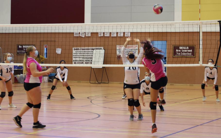 Vilseck’s Emma Boyle, right, returns the ball during a volleyball match against Hohenfels at Vilseck, Germany, Saturday, Oct. 9, 2021.