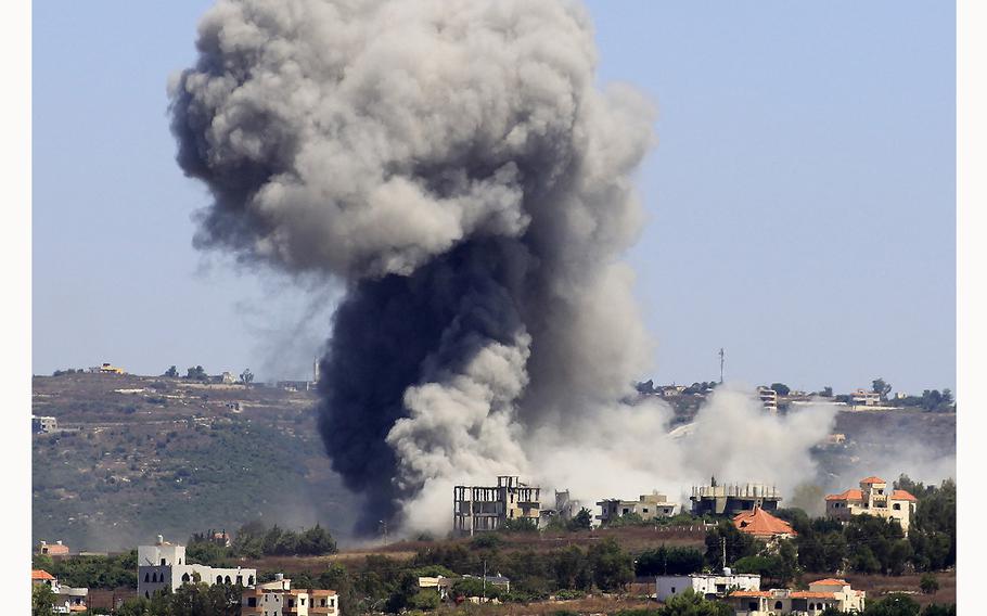 Smoke billows from the site of an Israeli airstrike in the southern Lebanese village of Jibbain on July 11, 2024. Israel and Lebanon’s Hezbollah, an ally of Palestinian militant group Hamas, have exchanged near daily cross-border fire since the Gaza war erupted on October 7, stoking fears of an escalation into all-out war. 