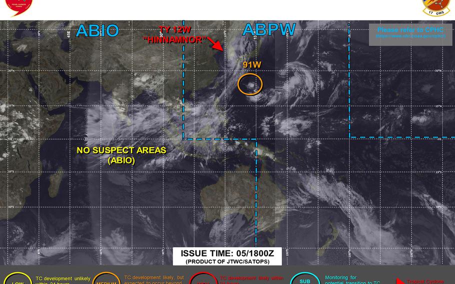 Daegu, Sasebo revert to TCCOR All Clear, Chinhae enters TCCOR 1-R as Hinnamnor exits Korean Peninsula into Sea of Japan.