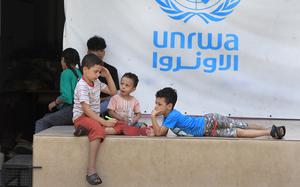 Palestinian children gather in the backyard of an UNRWA school in Sidon, Lebanon, in September 2023.