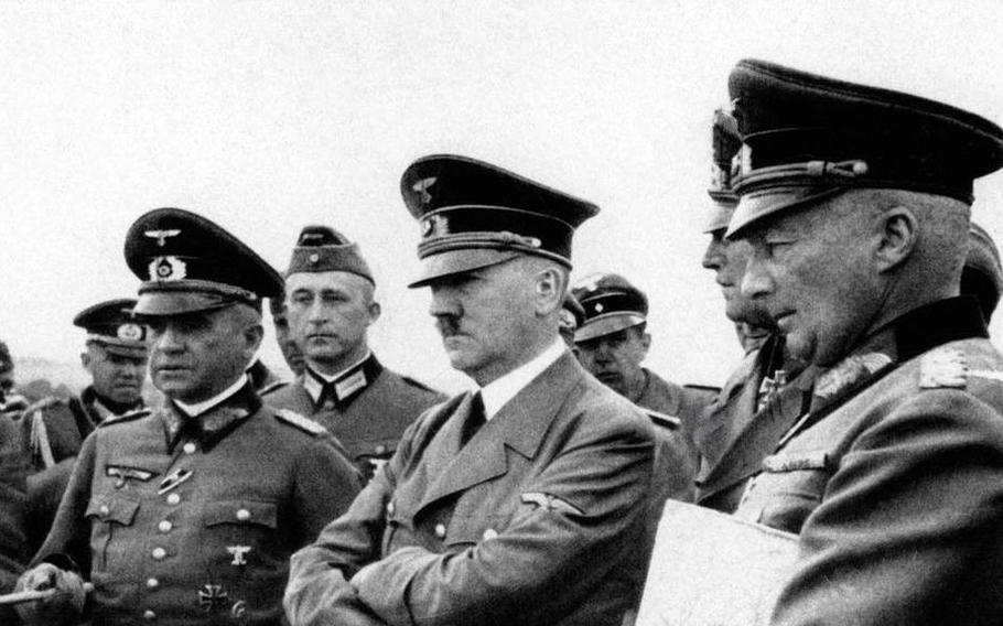 Adolf Hitler with Generals Walter Heitz and Günther von Kluge, touring the front lines of France during the German invasion of France, March 1940.