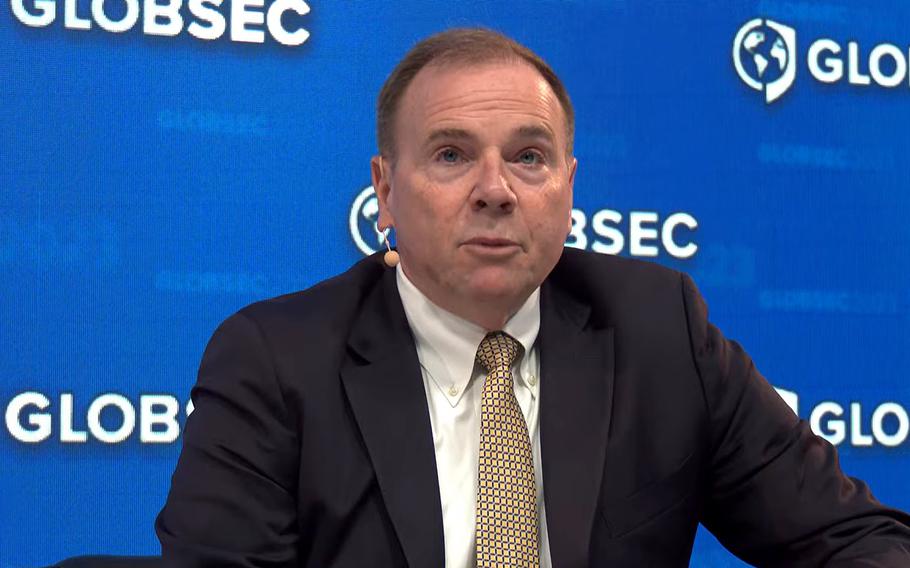A screenshot of retired Lt. Gen. Ben Hodges, a former commander of U.S. Army Europe, speaking at the Globsec conference in Bratislava, Slovakia, on May 30, 2023. Hodges said the U.S. and its NATO allies have not acted on lessons learned from the Ukraine war and are insufficiently prepared to defend Europe against a Russian attack.