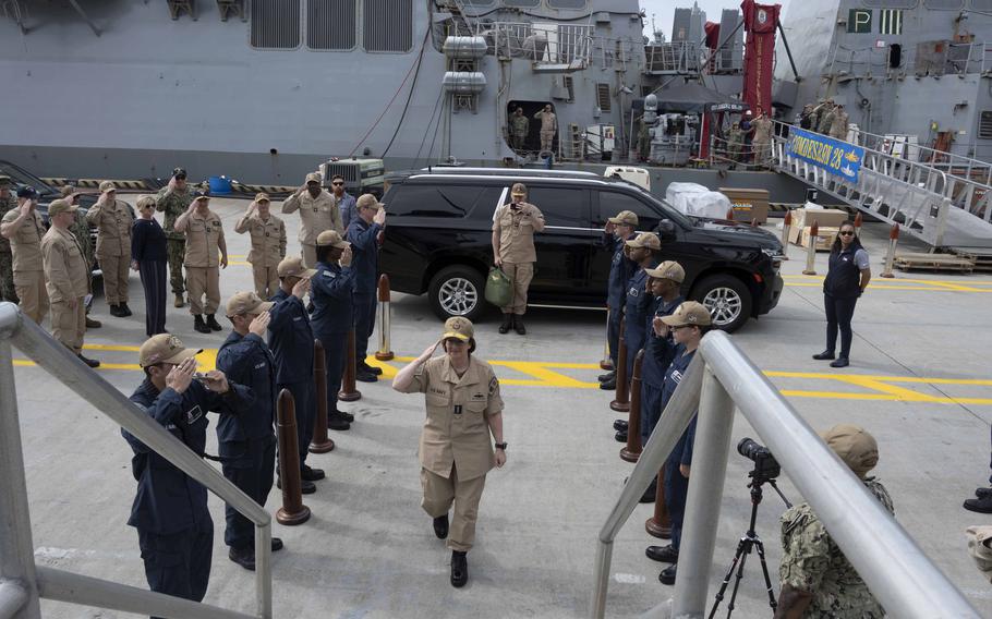 Chief of Naval Operations Adm. Lisa Franchetti welcomes the Arleigh Burke-class destroyer USS Carney (DDG 64) to Norfolk, Va., Friday, May 10, 2024. Throughout the ship’s seven-month deployment to the U.S. 5th and 6th Fleet areas of operation, Carney successfully destroyed 45 Houthi-launched weapons, including land attack cruise missiles, anti-ship ballistic missiles, and unmanned systems.
