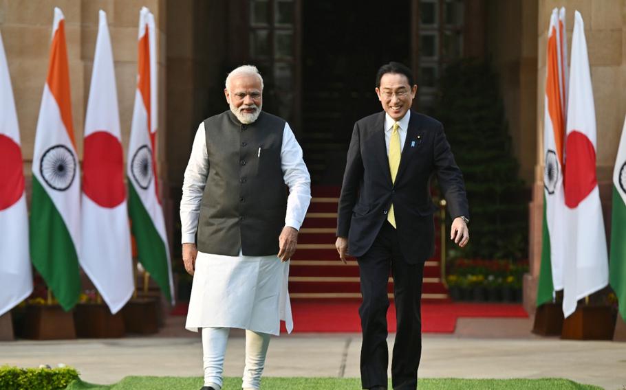 India Prime Minister Narendra Modi meets with Japan Prime Minister Kishida Fumio, at Hyderabad House in New Delhi on March 19, 2022.