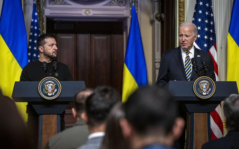 President Joe Biden attends a briefing with Ukrainian President Volodymyr Zelenskyy in Washington D.C.