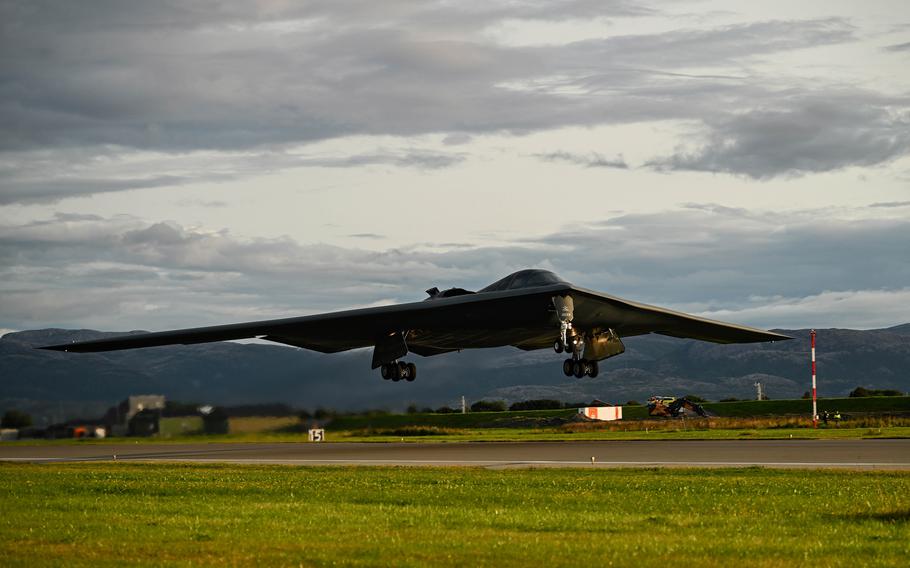A B-2 Spirit assigned to Whiteman Air Force Base, Mo., takes off Aug. 29, 2023, after a hot-pit refueling at Orland Air Base in Norway.