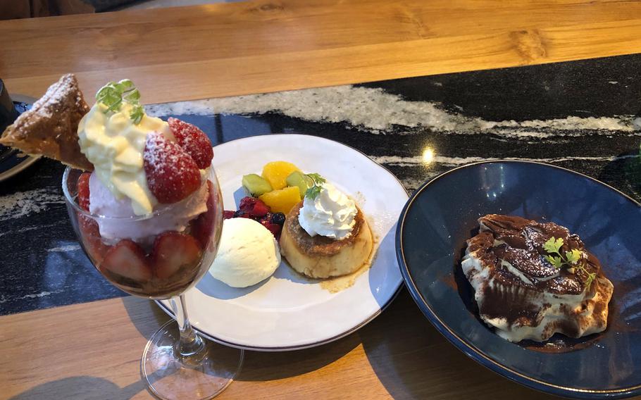 Dessert from Pisola near Yokota Air Base, Japan, iincluded a rich tiramisu, a mascarpone pudding that came with a side of fruit and vanilla ice cream and a new addition, strawberry parfait.