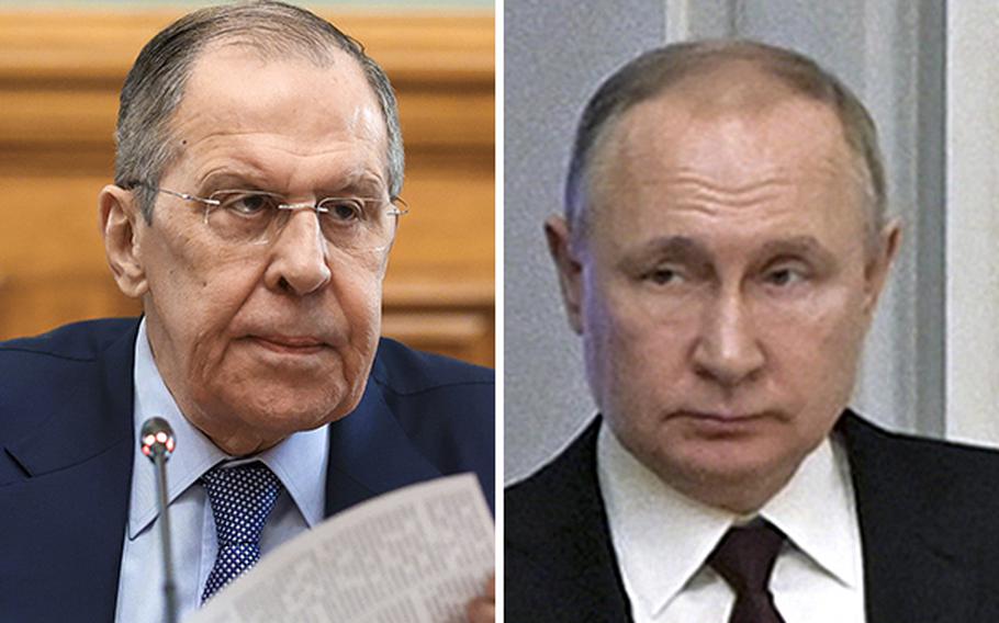 Russian Foreign Minister Sergey Lavrov, left, and President Vladimir Putin were the targets of European Union sanctions on Friday, Feb. 25, 2022, that will freeze their assets.
