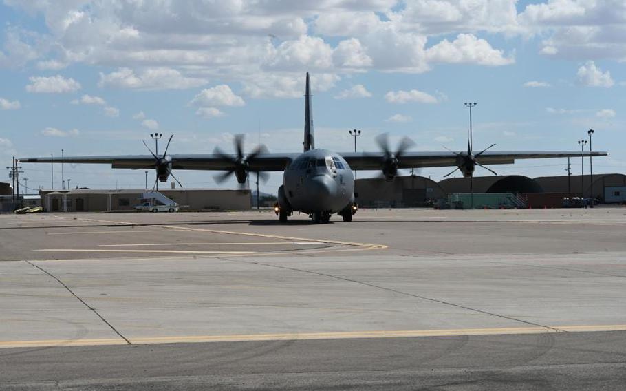 A U.S. Air Force Lockheed C-130 Hercules taxis after landing in support of Department of State-led Operation Allies Welcome, Aug. 31, 2021, on Holloman Air Force Base, N.M.