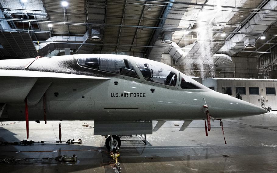 A T-7A Red Hawk sits in a frozen McKinley Climatic Lab chamber, Jan. 29, 2024, at Eglin Air Force Base, Fla.