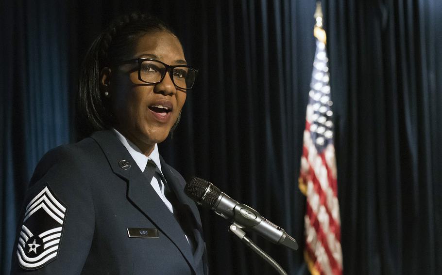 Chief Master Sgt. Tresse King speaks during a Women’s History Month luncheon at Yokota Air Base, Japan, in March 2019. King died Aug. 3, 2021, in a noncombat incident at Ali Al Salem Air Base in Kuwait, according to a Pentagon statement.