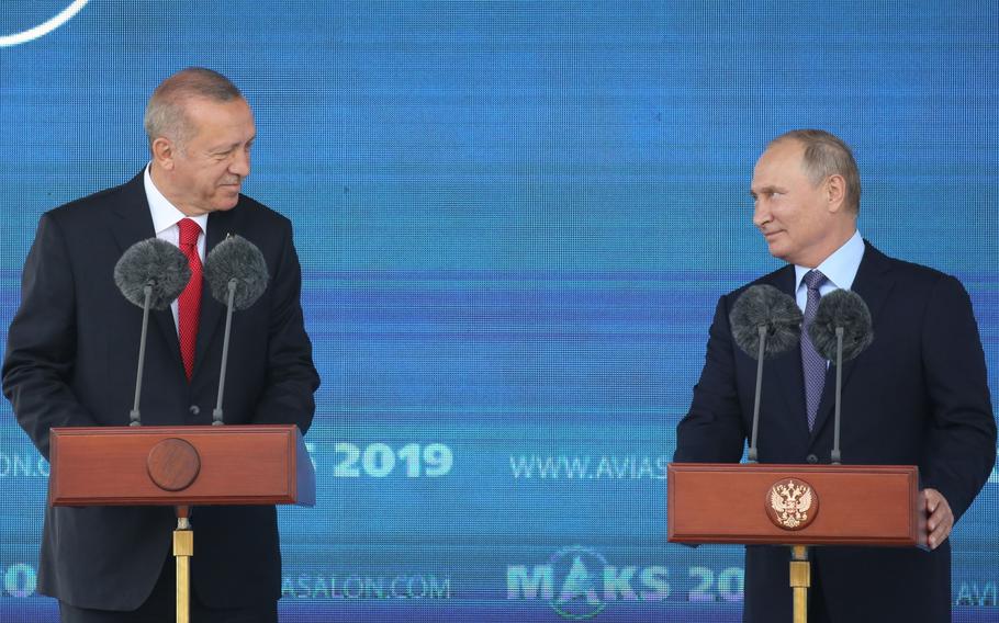 Recep Tayyip Erdogan, Turkey’s president, left, and Vladimir Putin, Russia’s president, at a news conference in Moscow on Aug. 27, 2019.