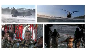 Video screen grabs show service members from Fort Drum, N.Y., taking part in Helocast training in the St. Lawrence river on Sept. 25, 2023.