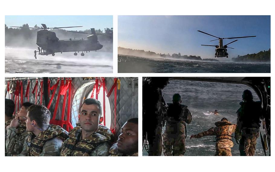 Video screen grabs show service members from Fort Drum, N.Y., taking part in Helocast training in the St. Lawrence river on Sept. 25, 2023.