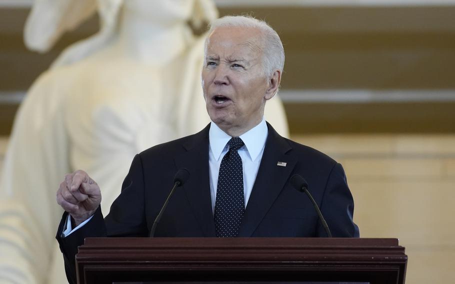 Joe Biden speaks at the U.S. Holocaust Memorial Museum’s Annual Days of Remembrance ceremony in Washington on May 7, 2024.