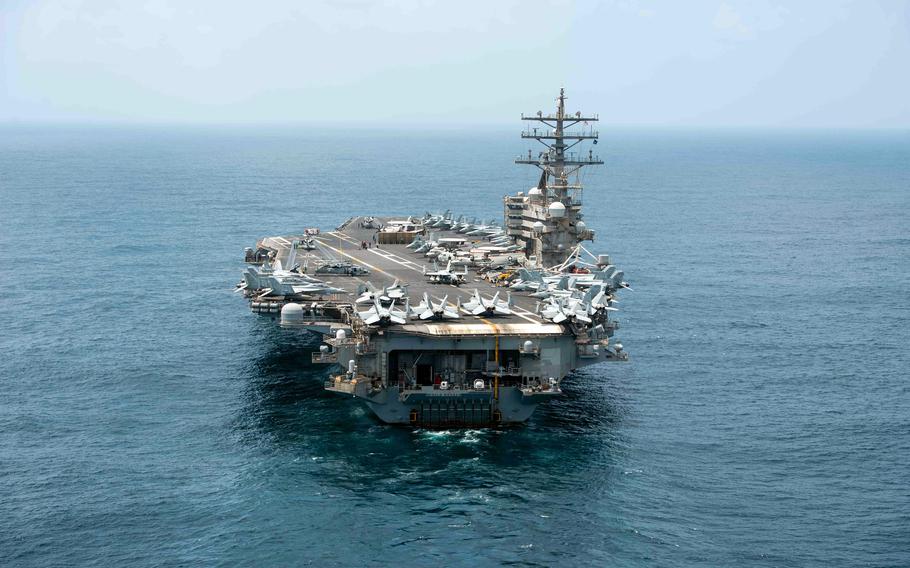 The aircraft carrier USS Ronald Reagan steams through the Arabian Sea, Sept. 6, 2021. 